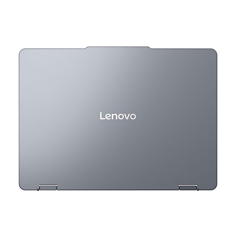 Grauer Laptop von Lenovo mit geschlossenem Deckel, Logo mittig platziert.