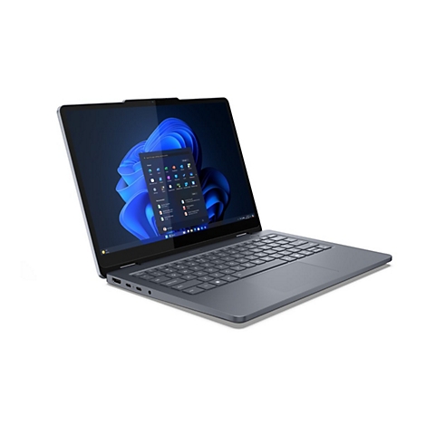 Grauer Laptop, Bildschirm mit Windows-Oberfläche geöffnet. Die Tastatur und der Touchpad sind gut sichtbar. Weißer Hintergrund.