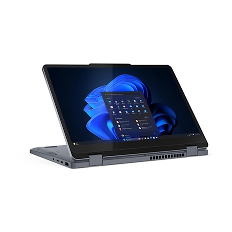 Ein graues Laptop-Tablet mit Windows 11, das sich zur Hälfte geöffnet befindet. Der Bildschirm zeigt verschiedene App-Icons. Der Hintergrund ist weiß.