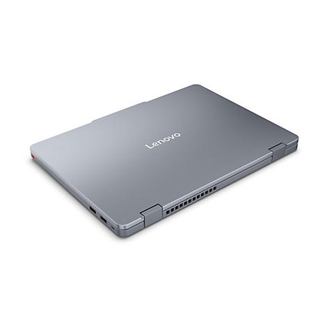 Grauer Lenovo-Laptop, geschlossen. Das Lenovo-Logo ist auf der Oberseite zentriert. Der Laptop steht auf weißem Hintergrund.