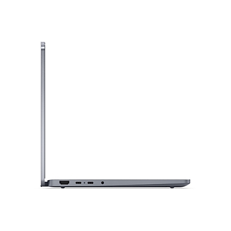 Graues Laptop-Profil vor weißem Hintergrund. Anschlüsse sichtbar.