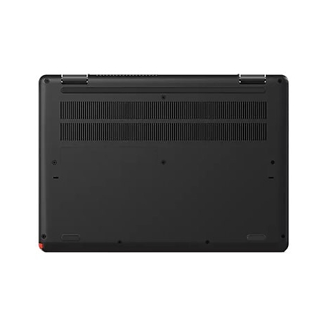 Dunkelgrauer Laptop-Boden, Lüftungsschlitze, Schrauben, rechteckige Füße, roter Akzent.