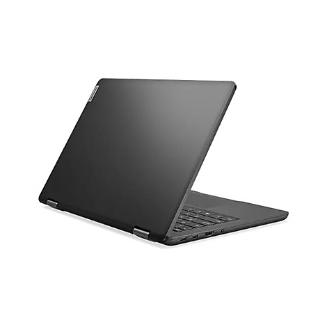 Ein schwarzes Laptop, leicht geöffnet, diagonaler Winkel. Die Tastatur ist sichtbar.