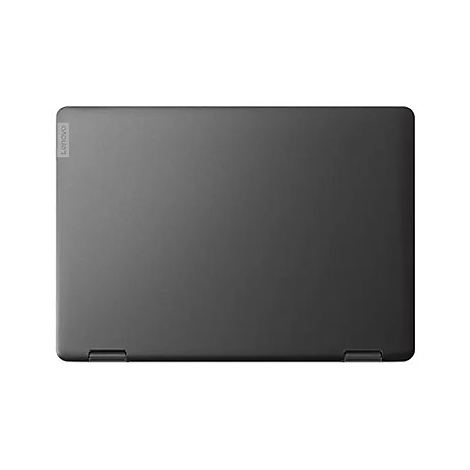 Dunkelgraues Lenovo Notebook im geschlossenen Zustand, von oben fotografiert.