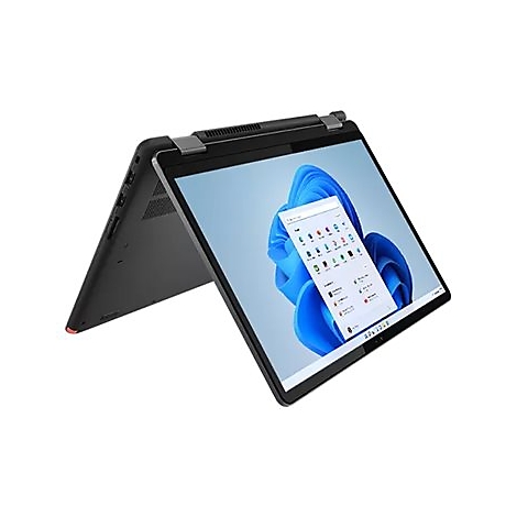 Schwarzes Laptop-Tablet mit Touchscreen, teilweise geöffnet, auf dem Windows-Desktop mit geöffneten Apps zu sehen ist.