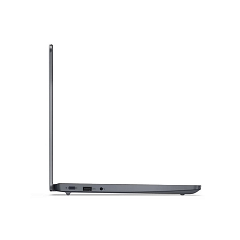 Grauer Laptop im Profil, geöffnet. Anschlüsse auf der Seite.