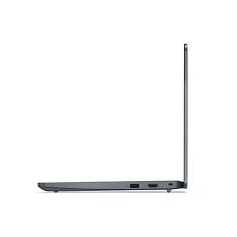 Grauer Laptop im Profil, auf weißem Hintergrund. Anschlüsse an der Seite erkennbar.