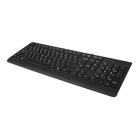 Schwarze Lenovo-Tastatur in Perspektive auf weißem Hintergrund.