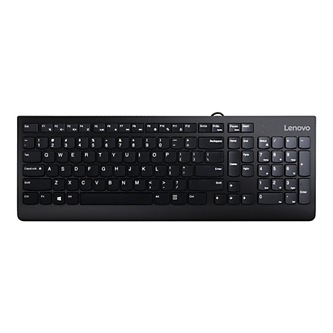 Schwarze Lenovo Tastatur mit Standard QWERTY Layout vor weißem Hintergrund.