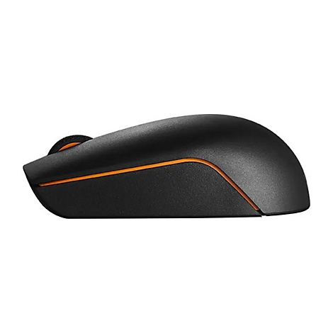 Schwarze kabellose Computermaus in Seitenansicht mit orangefarbenem Akzentstreifen.