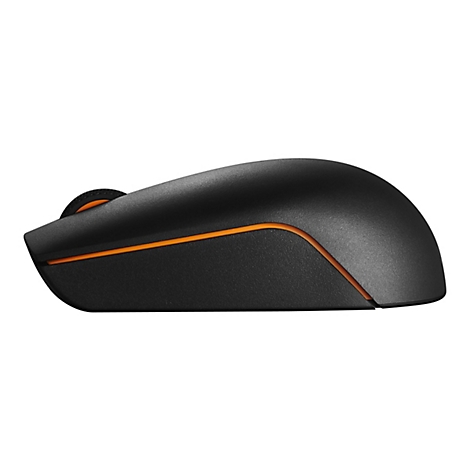 Schwarze kabellose Computermaus in Seitenansicht mit orangefarbenem Akzentstreifen.
