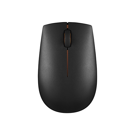 Schwarze kabellose Computermaus vor weißem Hintergrund mit einem zentralen Scrollrad.