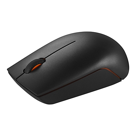 Schwarze, kabellose Computermaus mit orangefarbenem Akzent am Scrollrad auf weißem Hintergrund.