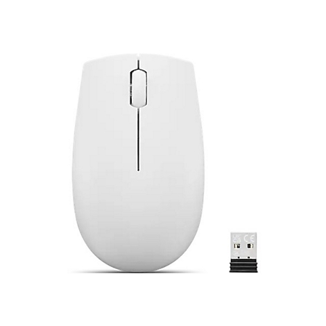 Weiße, kabellose Computermaus in minimalistischem Design mit dazugehörigem USB-Empfänger auf weißem Hintergrund.