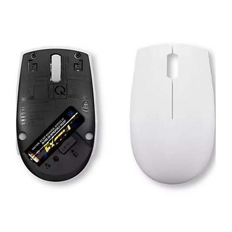 Weiße kabellose Computermaus, einmal von oben und einmal die Unterseite mit eingelegter Batterie.