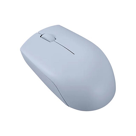 Eine minimalistische, hellgraue kabellose Computermaus auf weißem Hintergrund.