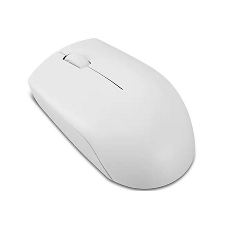 Eine minimalistische, weiße kabellose Computermaus aus Kunststoff vor weißem Hintergrund.