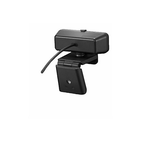Schwarze Lenovo Webcam mit Halterung vor weißem Hintergrund.
