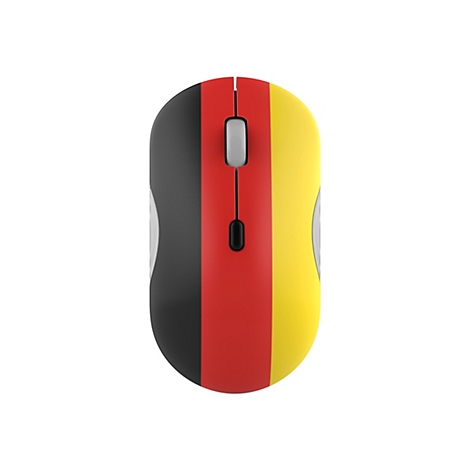 Draufsicht einer kabellosen Computermaus im Design der deutschen Flagge (schwarz-rot-gold).