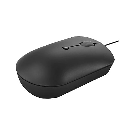 Schwarze Computermaus mit Kabel, zwei Knöpfen und einem Scrollrad, vor weißem Hintergrund.