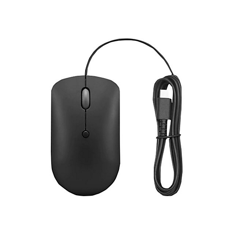 Schwarze Computermaus mit Kabel und USB-C-Stecker. Oben ein Scrollrad, unten ein Knopf.