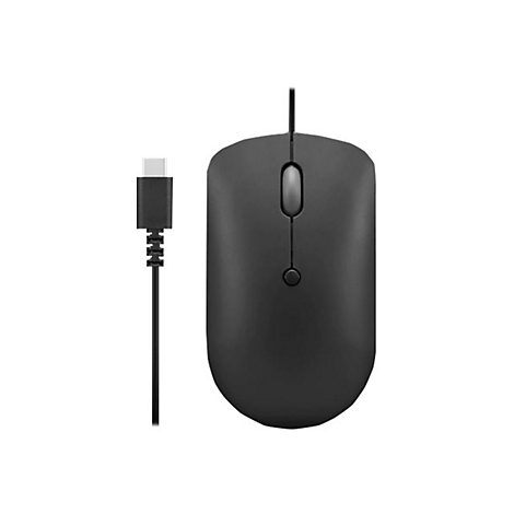 Schwarze Computermaus mit USB-C-Kabel. Maus hat ein Scrollrad und zwei Tasten.