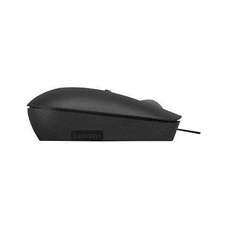 Schwarze Computermaus von Lenovo. Der Schriftzug "Lenovo" ist sichtbar. Ein Kabel ist angeschlossen.