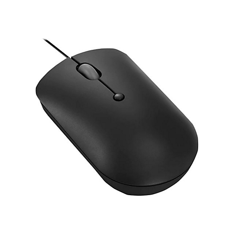 Schwarze Computermaus mit Kabel und Scrollrad, von oben fotografiert.