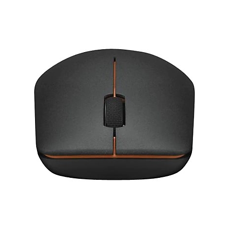 Schwarze kabellose Computermaus von oben, mit bronzefarbenem Akzent und mittigem Scrollrad.
