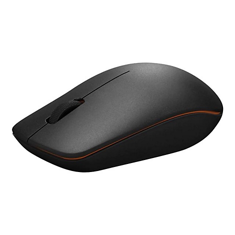 Schwarze, kabellose Computermaus mit mattem Finish und einem orangefarbenen Akzentstreifen.