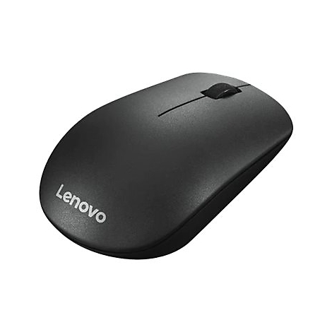 Schwarze kabellose Lenovo-Maus in der Draufsicht auf weißem Hintergrund.