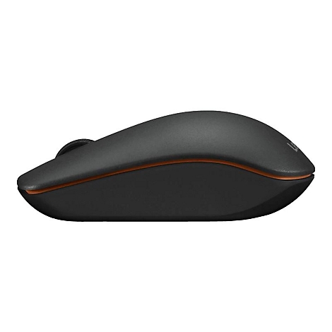 Schwarze kabellose Computermaus in Seitenansicht mit einem schmalen orangen Zierstreifen.
