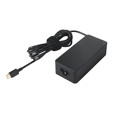 Schwarzes Netzteil mit Kabel; Stecker, Netzteil mit Klettband befestigt.