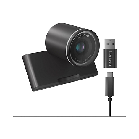 Schwarze Lenovo Webcam mit USB-Anschluss und Kabel vor weißem Hintergrund. Auf der Linse steht "Lenovo" und "4K Pixel AI Camera".