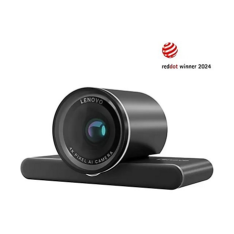 Schwarze Lenovo Webcam, rundes Objektiv, 4K Pixel AI Kamera. Reddot Winner 2024.