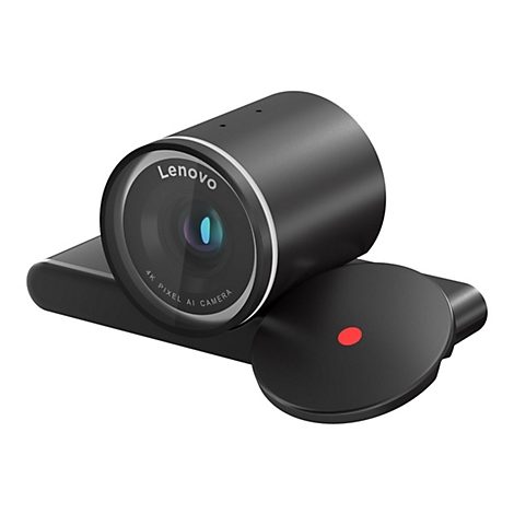 Webcam Lenovo noire, objectif avec étiquette 4K et IA. Point rouge sur le couvercle séparé.