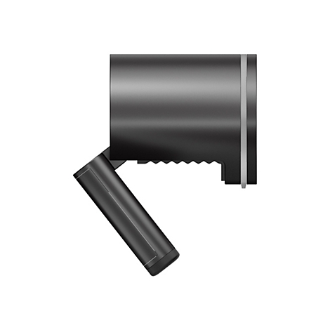 Lampe cylindrique gris foncé, partiellement inclinée, avec un long bras de lampe incliné sur fond blanc.