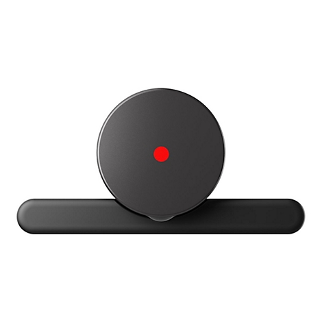 Un appareil noir et rond avec un point rouge et un élément noir allongé en dessous, isolé sur fond blanc.
