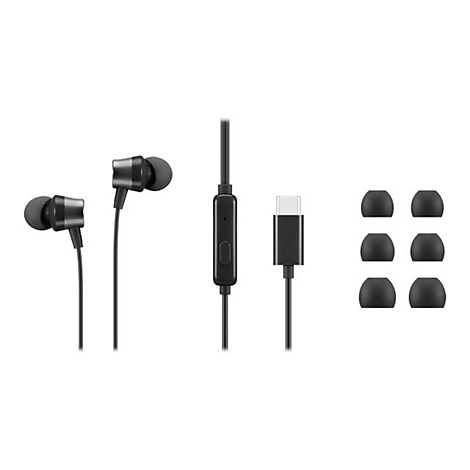 Écouteurs intra-auriculaires noirs avec embouts, câble et connecteur USB-C, sur fond blanc.
