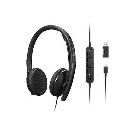Casque noir avec câble et contrôle du microphone. A côté : connecteurs USB et USB-C.