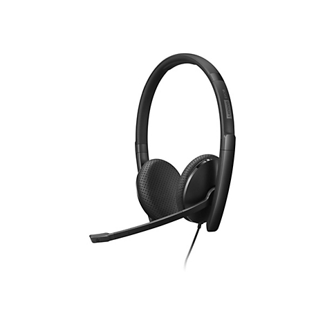 Casque Lenovo EPOS noir. Écouteurs avec trous, microphone et câble.
