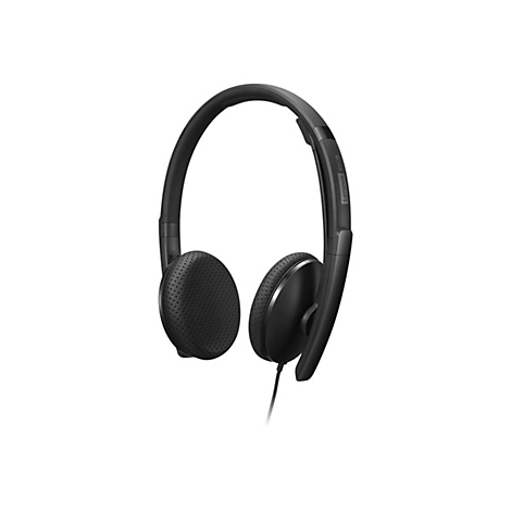 Casque noir avec coussinets et bandeau, sur fond blanc. Avec le logo Lenovo EPOS.