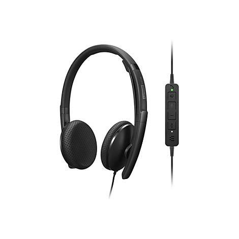 Casque Lenovo EPOS noir avec câble et unité de contrôle intégrée. Le casque est libre devant un fond blanc.