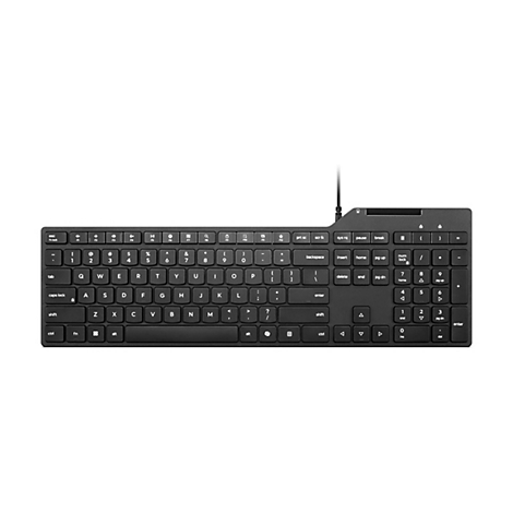 Schwarze kabelgebundene Computertastatur mit Nummernblock auf weißem Hintergrund.