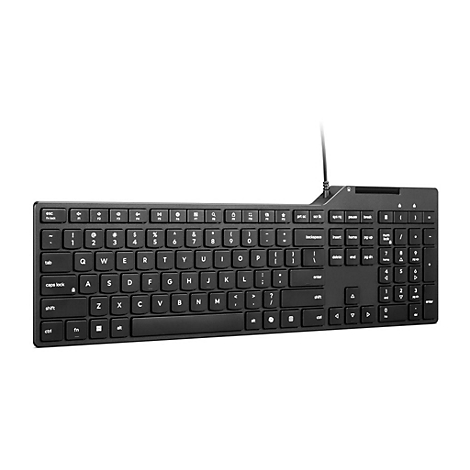 Schwarze kabelgebundene Tastatur mit QWERTZ-Layout auf weißem Hintergrund.