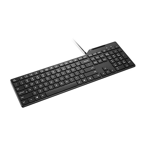 Schwarze, kabelgebundene Tastatur im flachen Design mit QWERTZ-Tastenlayout vor weißem Hintergrund.