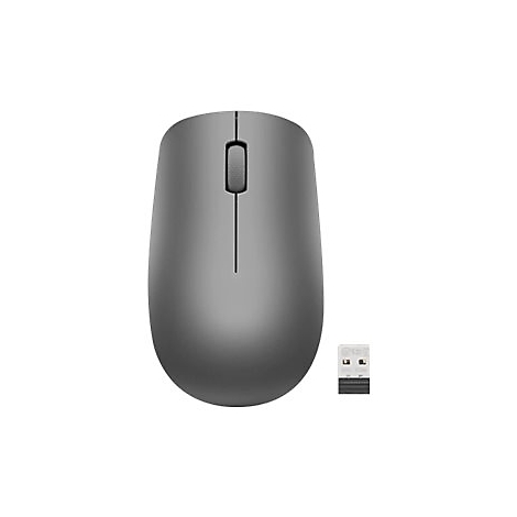 Dunkelgraue, minimalistische kabellose Computermaus mit einem USB-Empfänger auf weißem Hintergrund.
