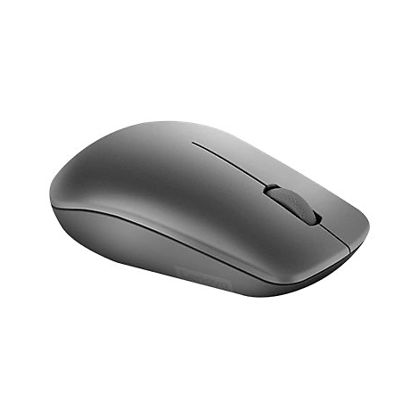 Eine dunkelgraue, kabellose Lenovo Computermaus mit abgerundetem Design auf weißem Hintergrund.