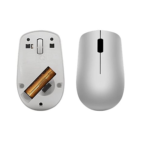 Weiße kabellose Computermaus von oben und von unten mit eingelegter Batterie.
