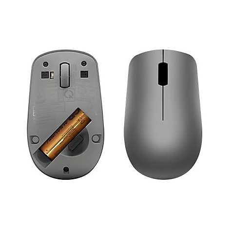 Draufsicht und Unterseite einer grauen kabellosen Computermaus mit eingelegter Batterie.